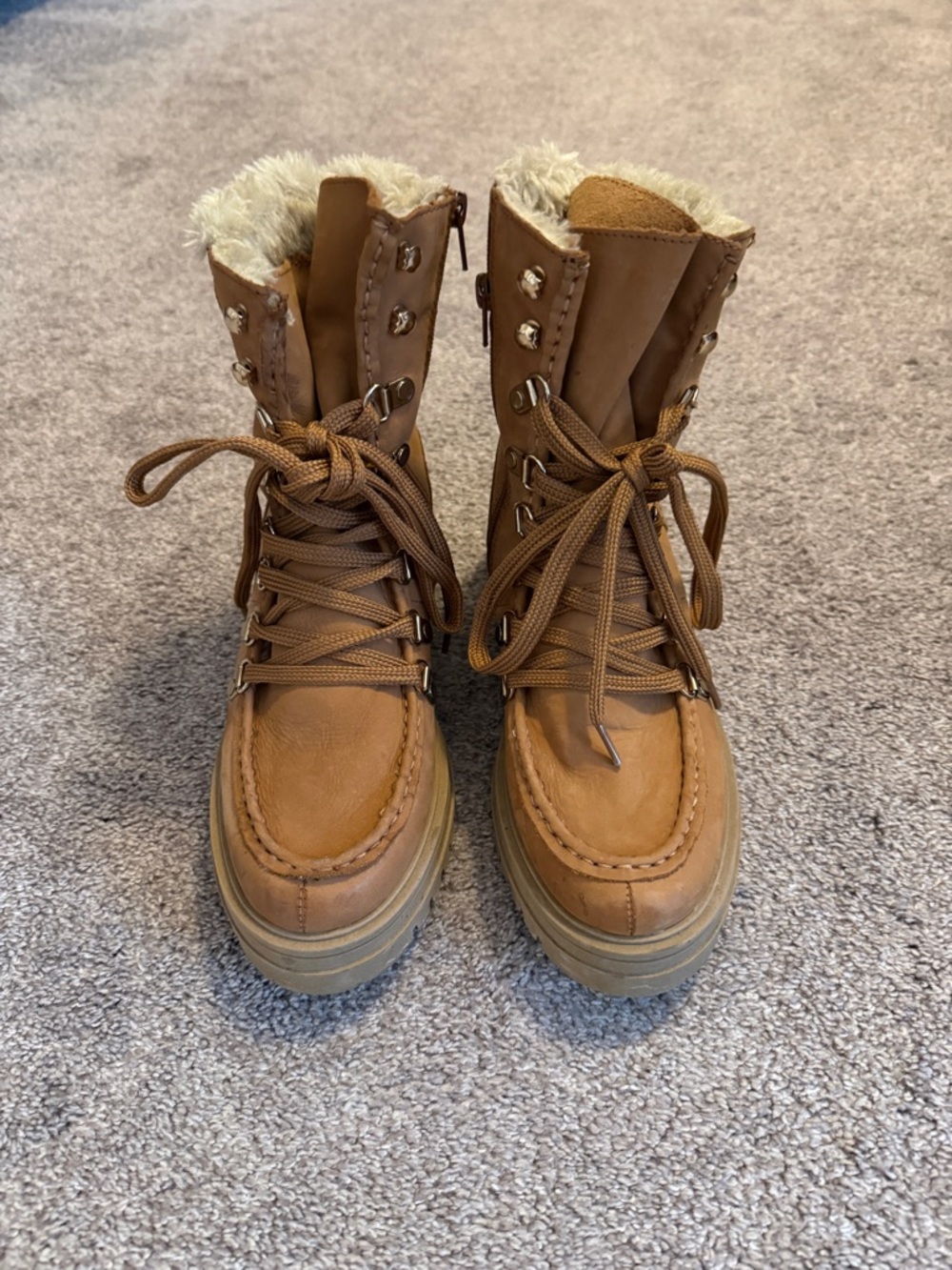 Vince Camuto Women's Tan Leather Faux-Fur Lined Lace-Up Winter Boots Size 7.5